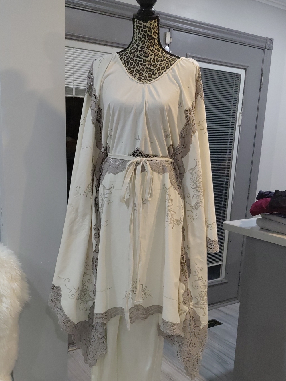 Cream Lace-Trim Caftan Dress